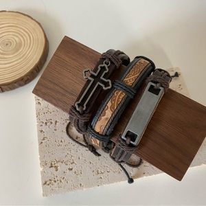 4/$15 Cutout Cross Silver Bar Motif Thick Rustic Genuine Leather Bracelet